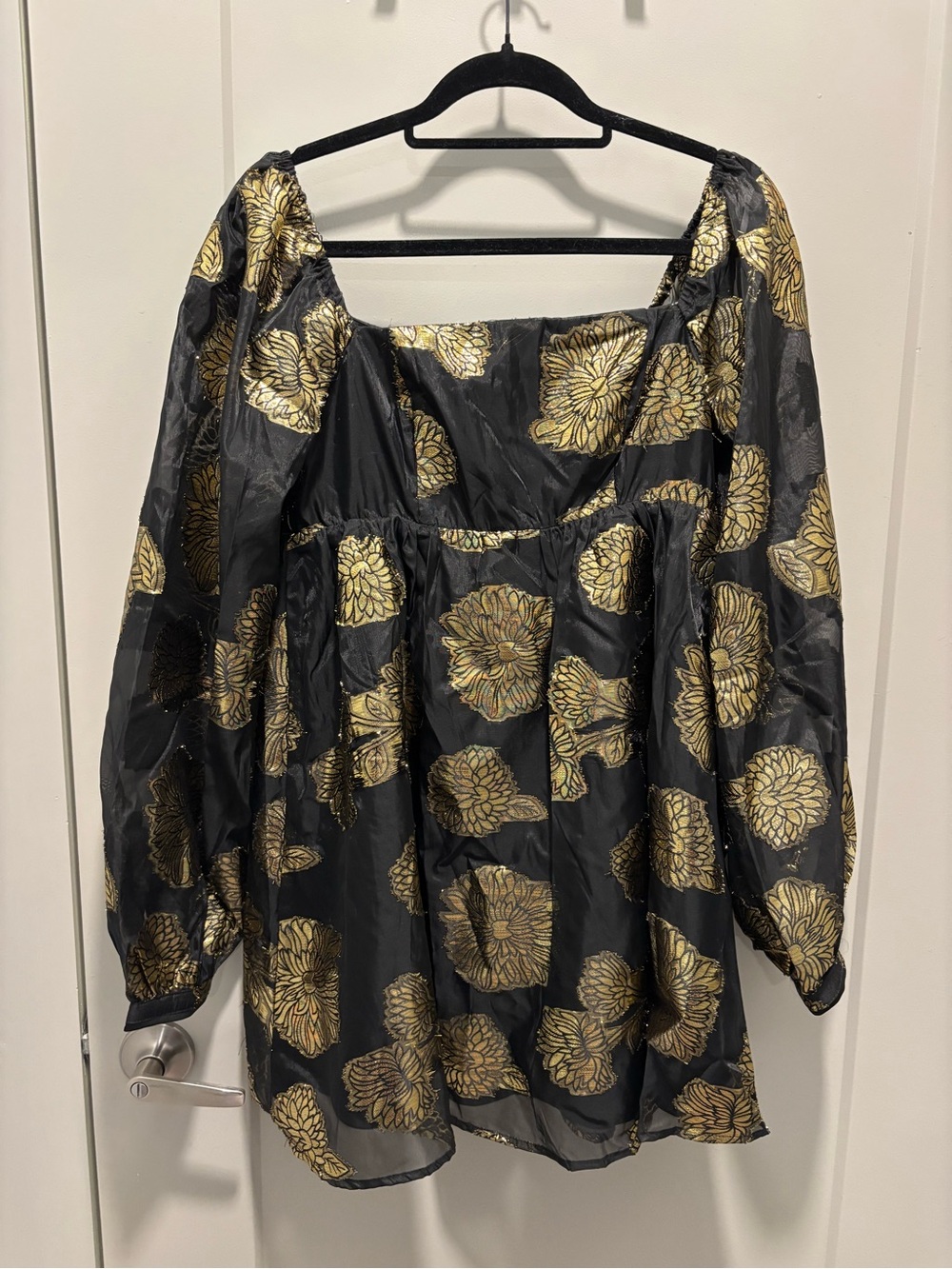 Lulu's Black Puff Sleeve Mini Dress with Gold Floral Brocade